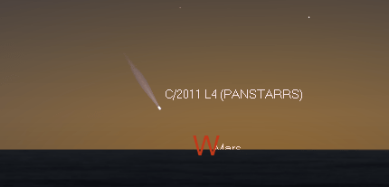Comet PanSTARRS as it might appear above the western horizon at 45 minutes after sunset on March 11, 2013