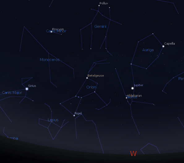 Jupiter with the setting constellations of winter