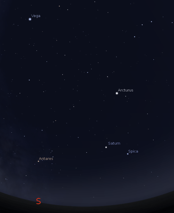 Red Antares, white Vega and blue Spica.  Patriotic Stars this evening.  Created using Stellarium.