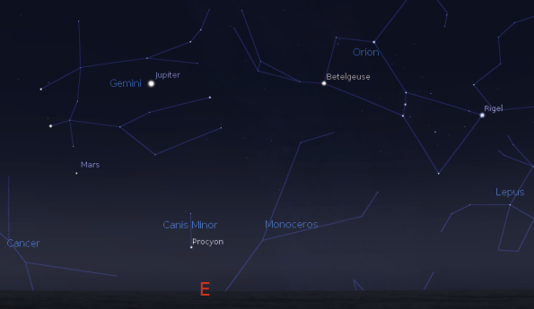 Jupiter and Mars with the rising winter constellations