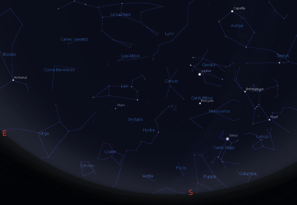 Jupiter and Mars with the winter and spring constellations