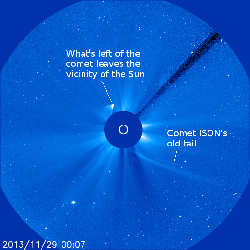 Comet ISON or what's left of it leaving the sun at 7:07 p.m. (EST) November 28, 2013. Credit NASA/ESA/SOHO LASCO C3. Annotation: mine.