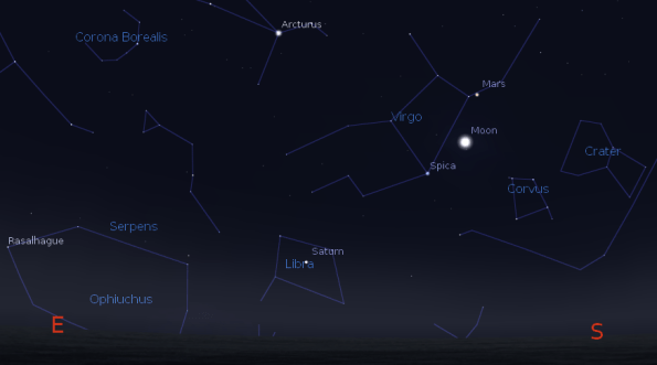 Mars and Saturn among the spring constellations at 6 a.m. December 26, 2013.  Created using Stellarium.