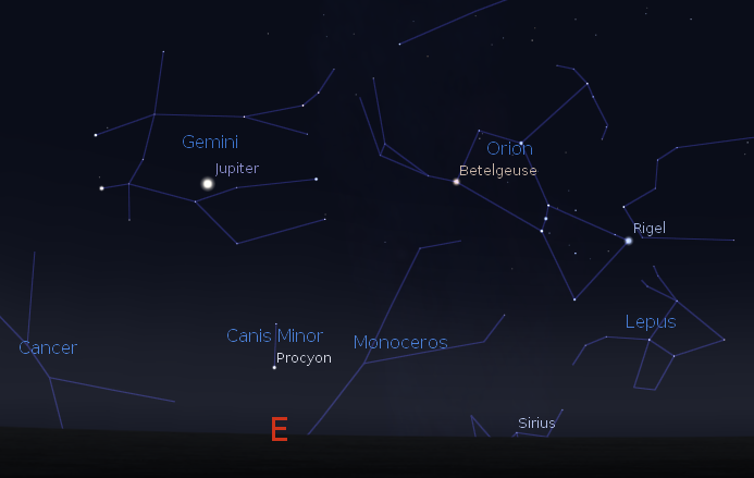 Procyon is already up as Sirius rises. Procyon also sets after Sirius. Created using Stellarium.
