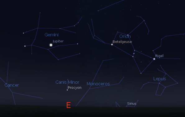 Procyon is already up as Sirius rises.  Procyon also sets after Sirius.  Created using Stellarium.