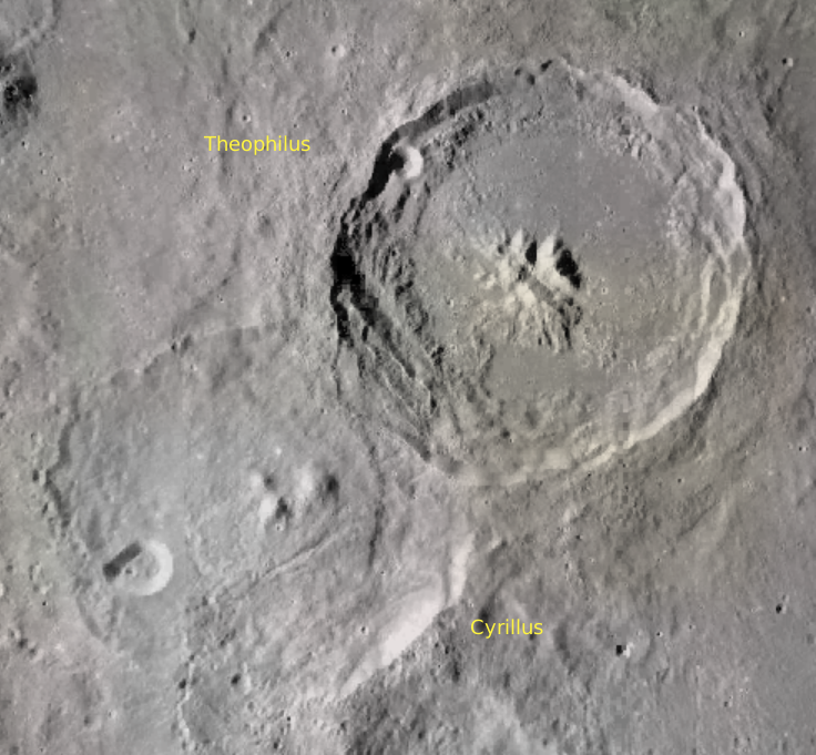 Lunar craters Theophilus and Cyrillus. Credit: NASA/LRO mapped on Virtual Moon Atlas.