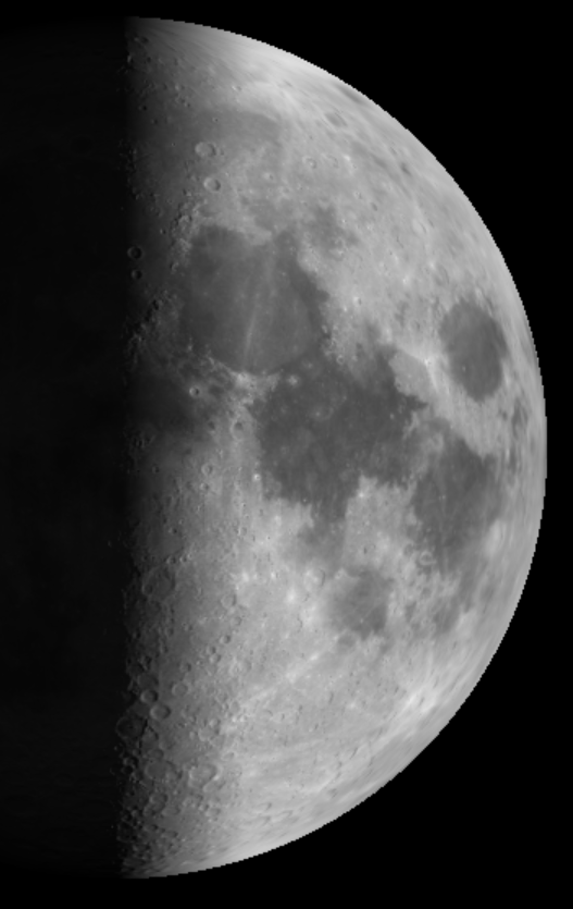 First quarter Moon at 10 p.m. May 6, 2014.  Created using Virtual Moon Atlas
