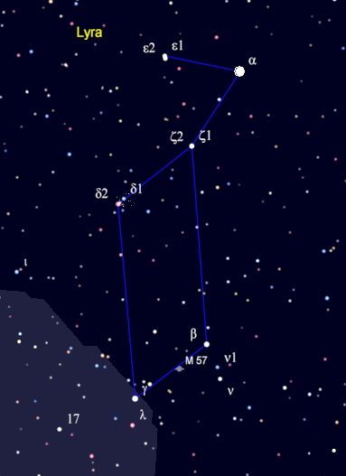 A bi more stars than what will be seen in binoculars of the constellation Lyra.  Created using Cartes du Ciel (Sky Charts).
