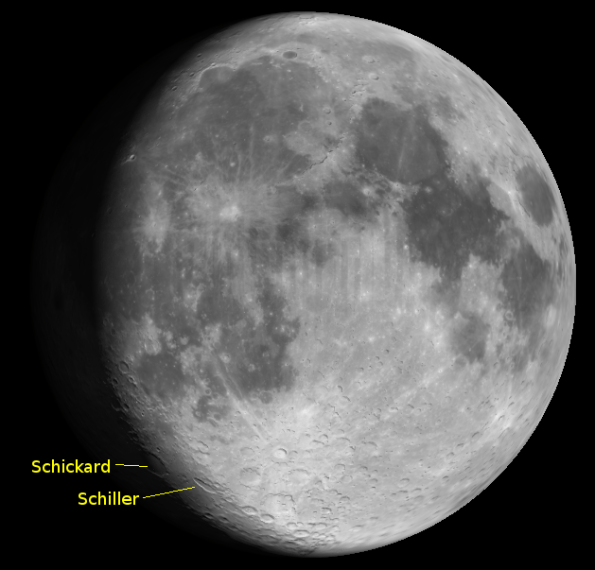 The lunar craters Schickard and Schiller on the lunar terminator at 10 p..m., August 7, 2014.  Created using Virtual Moon Atlas.