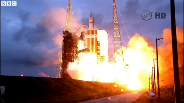 Delta IV Heavy rocket liftoff  carrying the Orion test article