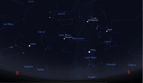 Orion close to the meridian at 12 midnight