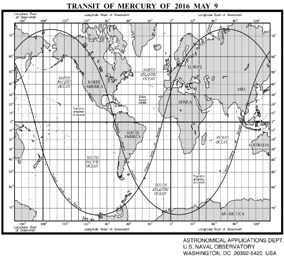 Transit of Mercury visibility map. Click on the Image to view a higher resolution pdf. Credit; Astronomical Almanac Online/USNO