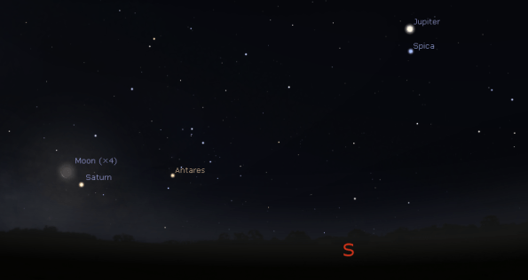 The morning planets and the Moon at 7 a.m. this morning, January 24th.  Because planetarium programs don't show a thin crescent very well, I've enlarged the Moon by a factor of 4 times.  Created using Stellarium.