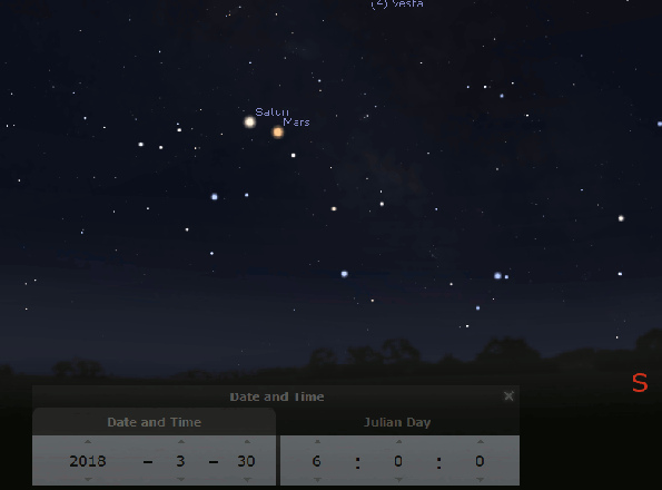 Conjunction animation of Mars passing Saturn