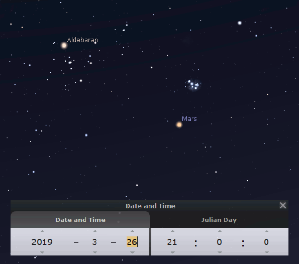 Mars passing the Pleiades