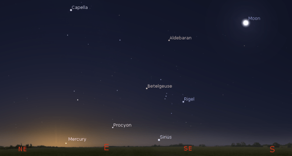 Moon, Mercury and bright stars in the morning twilight