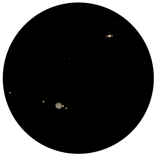 Jupiter and Saturn as they would appear in a low power telescope field