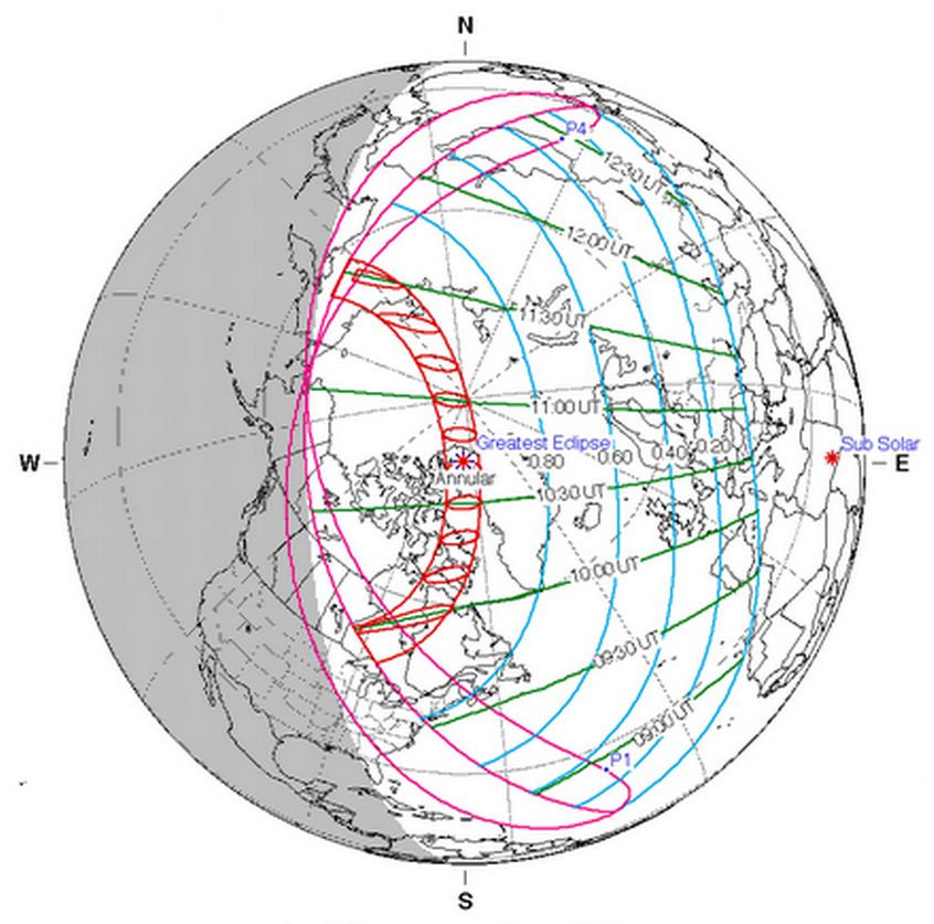 The visibility map for the June 10, 2021 annular solar eclipse