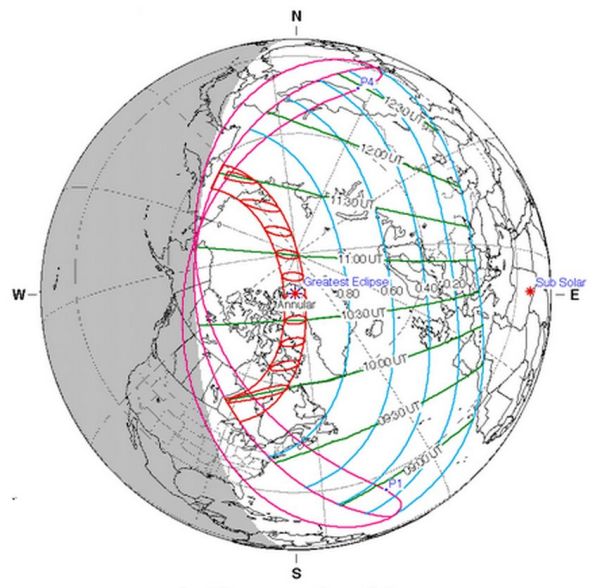 The visibility map for the June 10, 2021 annular solar eclipse