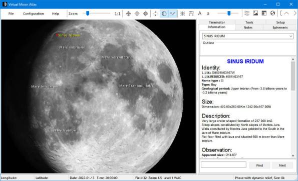 Virtual Moon Atlas showing Moon for tonight