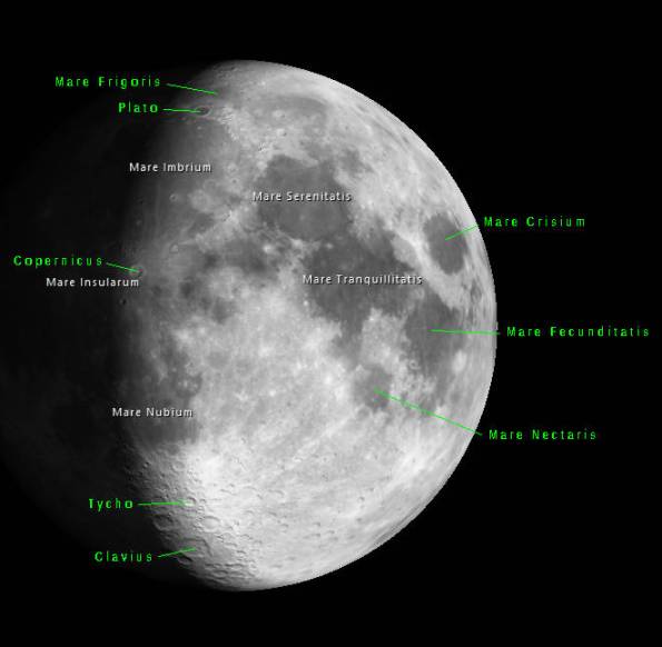 2 days past first quarter Moon annotated