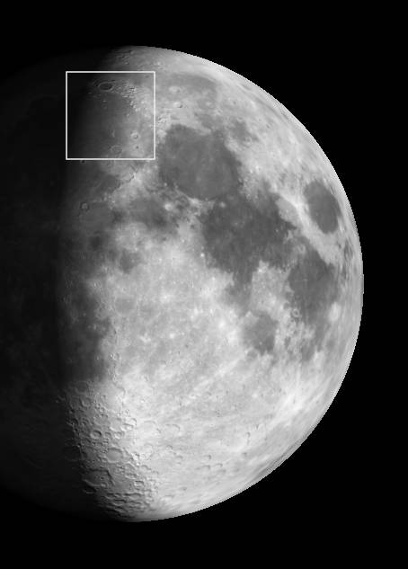 Moon first quarter plus 1 day hilighting Plato