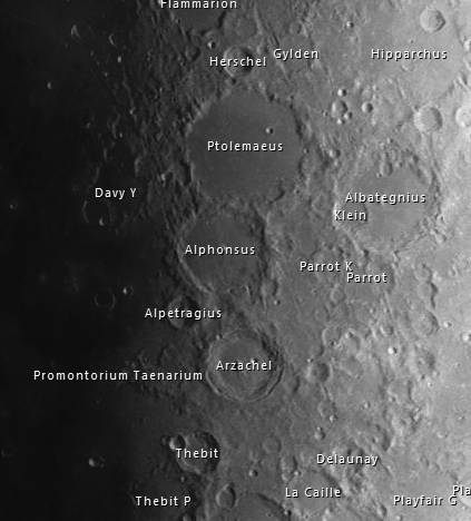 Closeup of lunar craters Ptolemaeus, Alphonsus and Arzachel