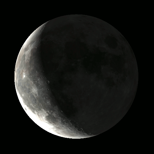 Waning crescent Moon closeup, annotated