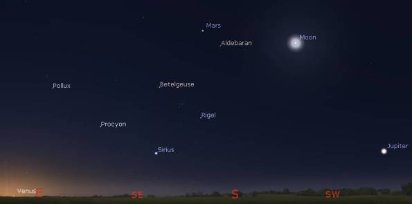 Morning planets and Moon with the Moon and the bright winter stars