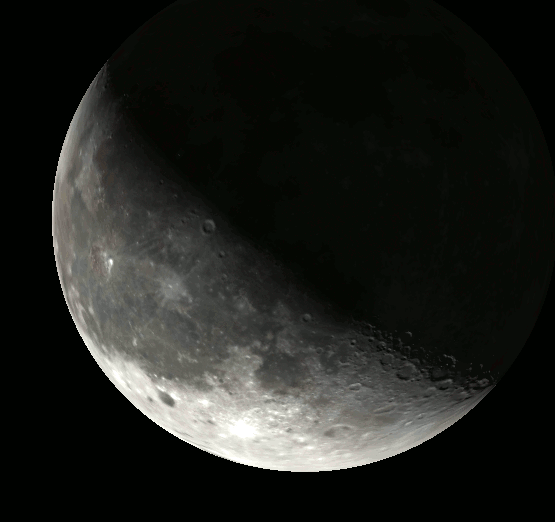 Fat waning crescent Moon with labels.