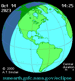Areas on the Earth where the solar eclipse of October 14, 2023 can be seen via animation