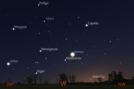 Evening planets among the bright stars of winter