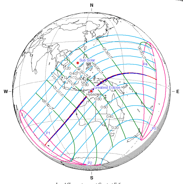 World solar eclipse map for the hybrid eclipse, April 20, 2023