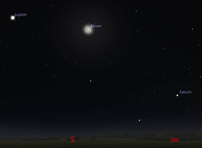 Jupiter and Saturn with the waxing gibbous Moon between them tonight
