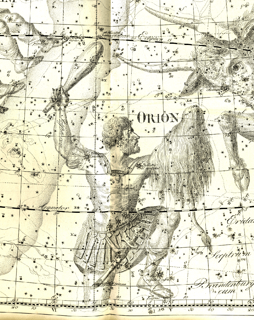 A section of Uranographia centered on Orion