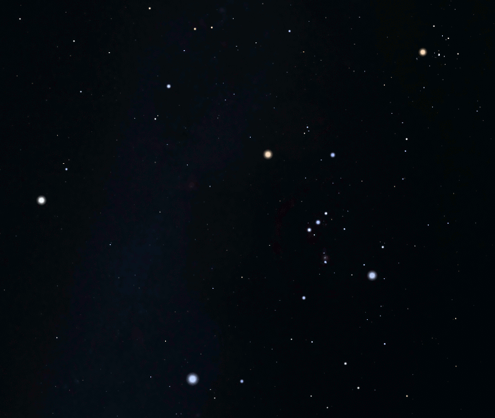 A three frame animation of the western constellation of Orion the hunter and the Anishinaabek constellation of the Winter Maker