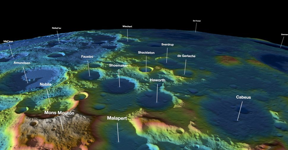 South Pole area of the Moon color coded by height