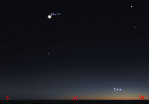 Jupiter and Saturn as they might appear tonight, February 7, 2024, at 7:00 pm