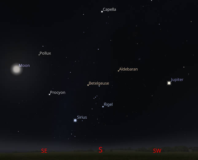 Jupiter, the Moon and the bright stars of winter as they might appear about 8:00 pm tonight