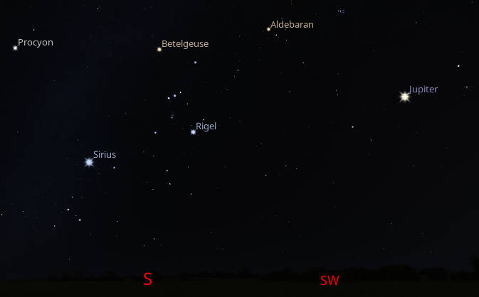 Jupiter and the bright stars of winter as they might appear about 8 pm 