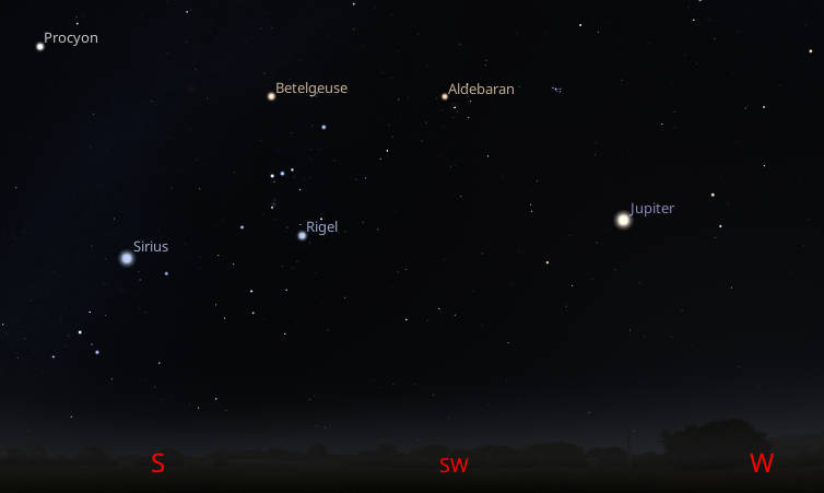 Jupiter seen with the bright stars of winter in the southwestern sky at 8 pm tonight, March 6th 2024