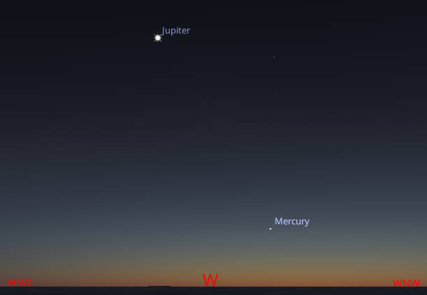 Jupiter and Mercury as they might appear in the West at around 45 minutes after sunset.
