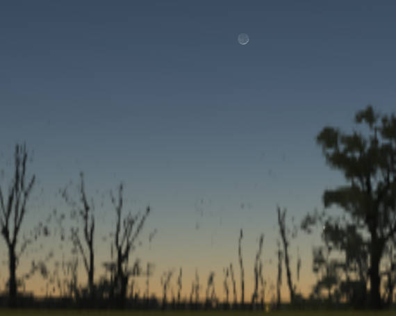 The Moon as it might appear in the western sky about half an hour after sunset tonight