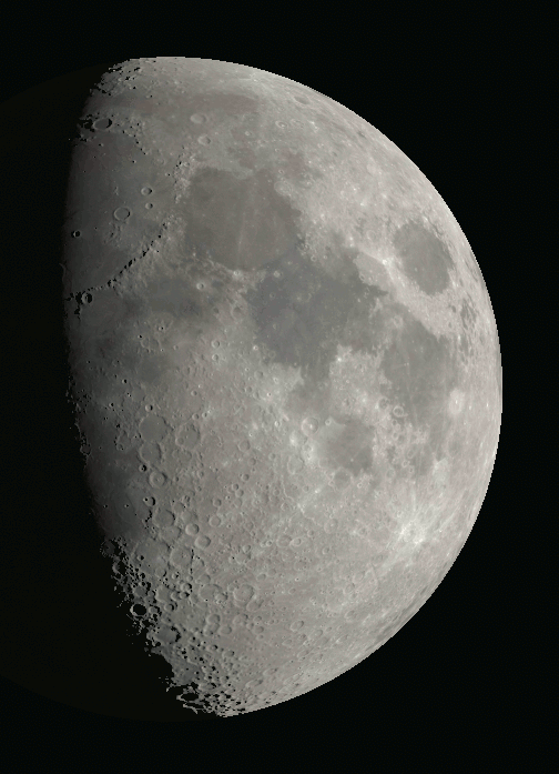 The Moon as it might be seen in binoculars or a small telescope two days past first quarter