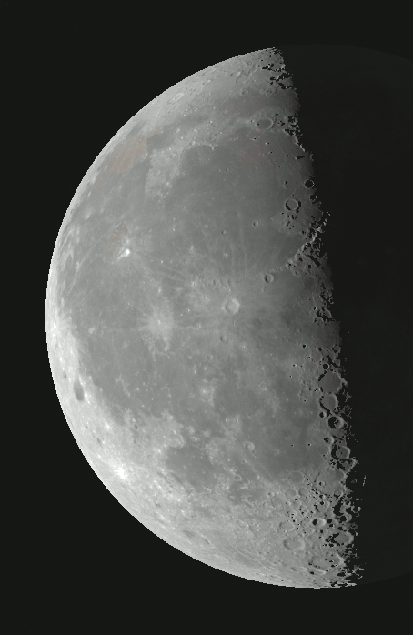 The Moon as it might appear in binoculars or a small telescope at 5 AM tomorrow morning