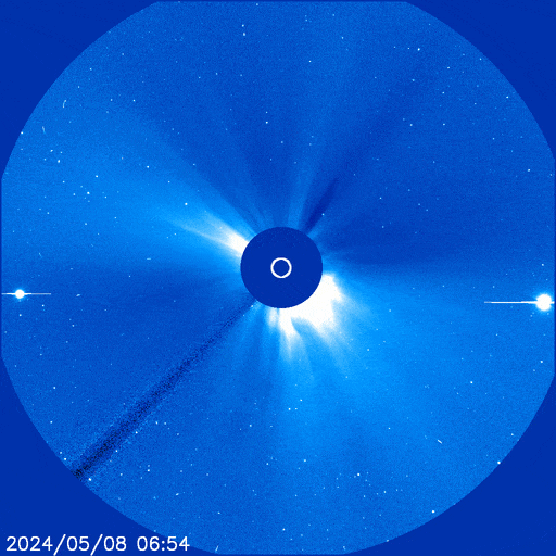 The eruption of a CME, on May 8 that caused the aurora on the 10th recorded by the C3 coronagraph on the Solar and Heliospheric Observatory 