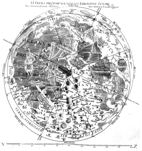 Riccioli’s 1651 map of the Moon with many features labeled.