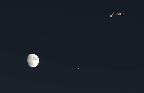 The bright star by the Moon tonight is Antares, the red giant star in the heart of Scorpius the scorpion.