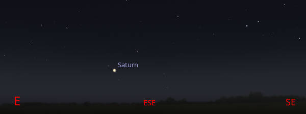 Saturn as it might be seen low in the east southeast at 9:30 PM
