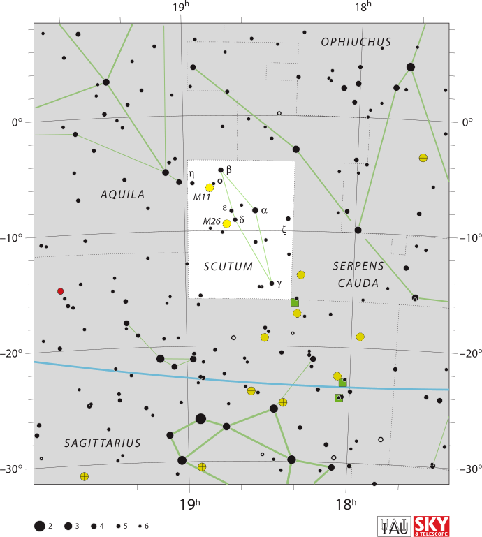 The constellation Scutum seen on a modern map